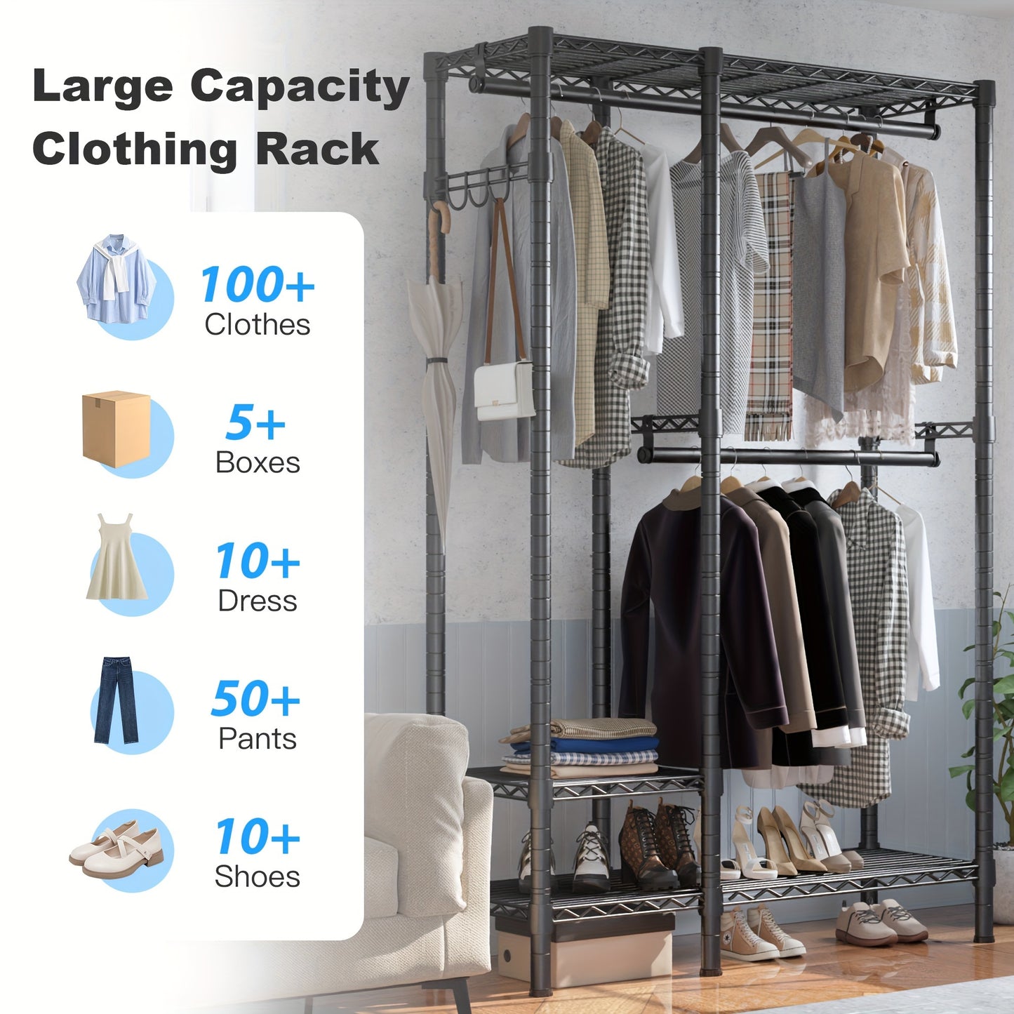 Heavy Duty Closet Clothes Rack Heavy Duty 500LBS Portable Closet Clothes Rack - Freestanding Wadrobe Closet Wire Garment Rack, Black