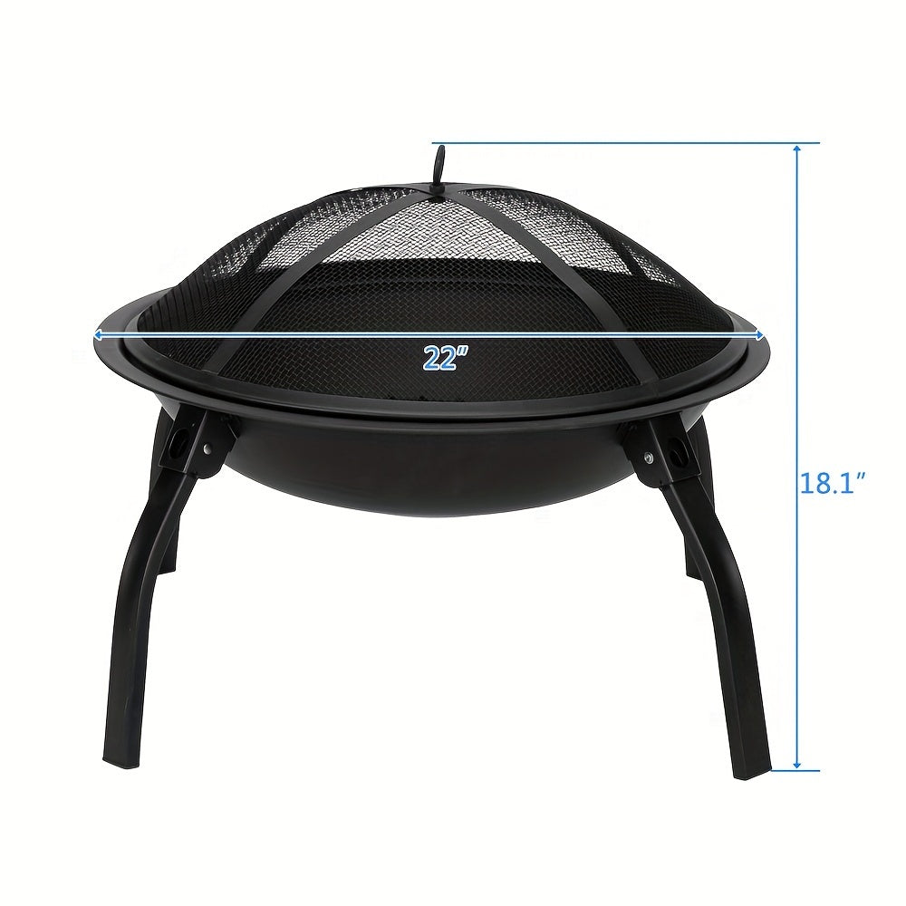 Curved Iron 22-Inch 4-Leg Fire Pit - Wood-Burning Fireplace With Lid - Perfect For Patios, Pool Sides, Family Gatherings, Outdoor Camping, And Holiday Decor