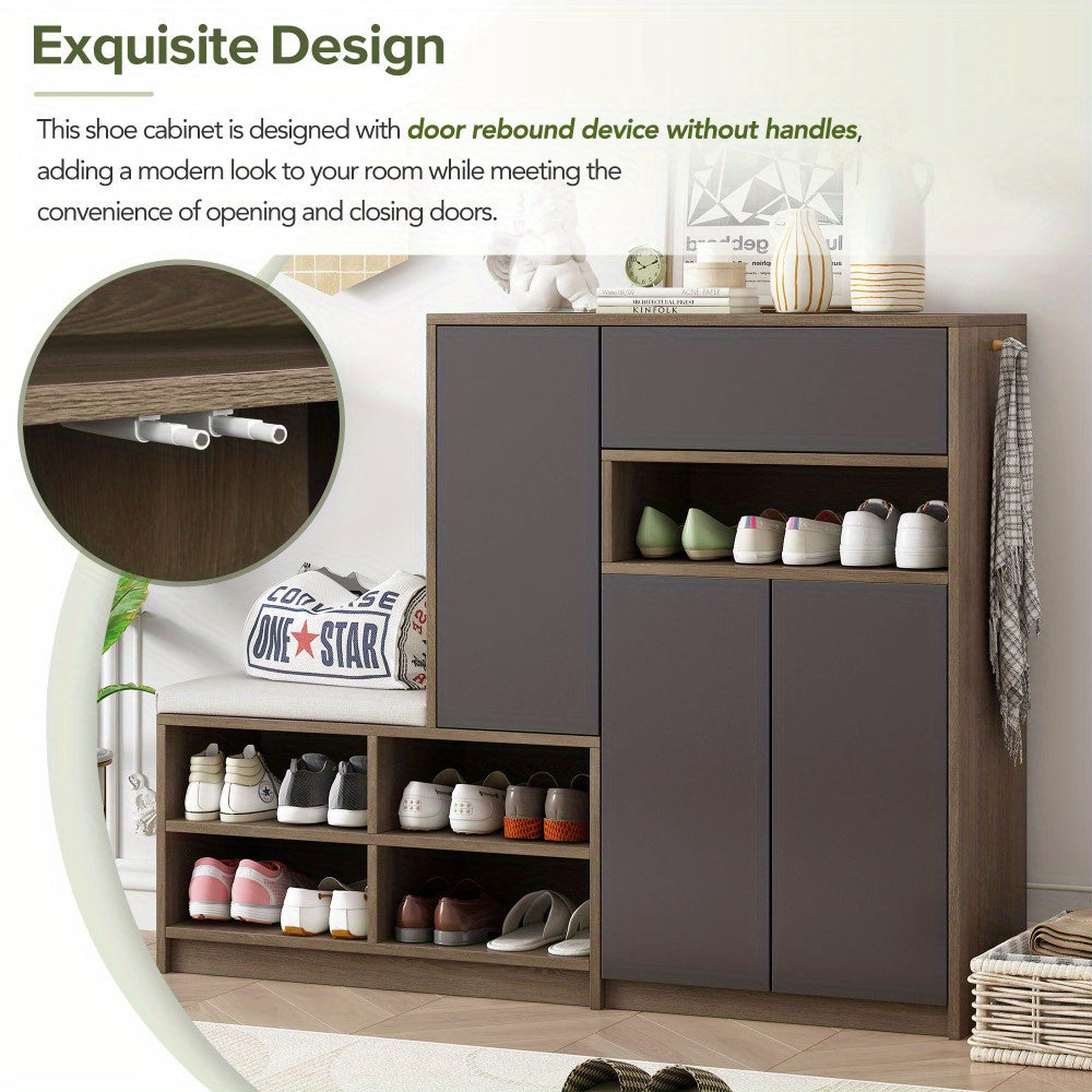 White ON-TREND 2-in-1 Shoe Storage Bench and Shoe Cabinet Multifunctional Shoe Rack with Padded Seat Versatile Shoe Storage Solution with Adjustable Hallway Shelves