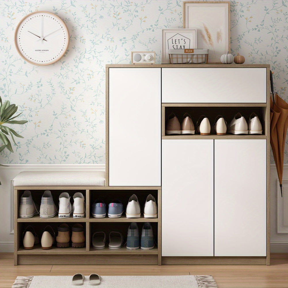 White ON-TREND 2-in-1 Shoe Storage Bench and Shoe Cabinet Multifunctional Shoe Rack with Padded Seat Versatile Shoe Storage Solution with Adjustable Hallway Shelves
