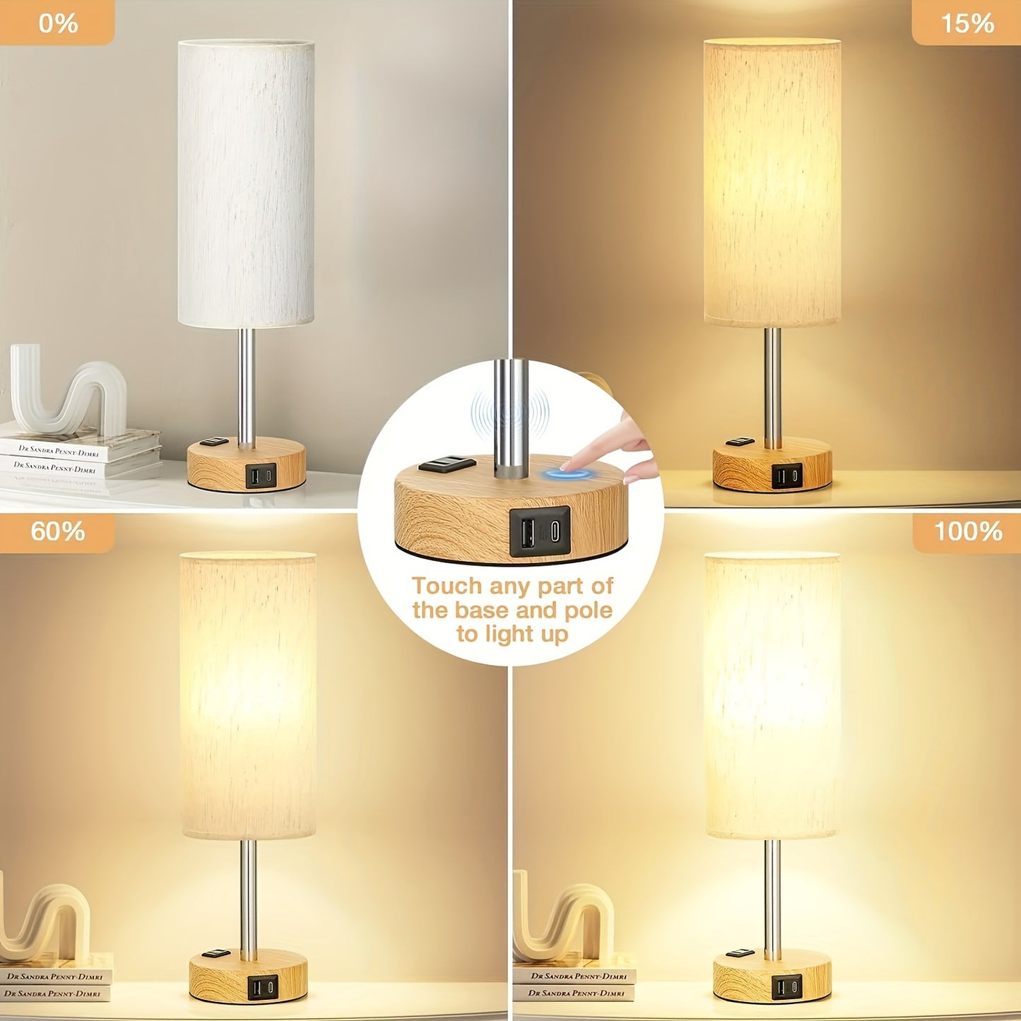 Bedroom Bedside Table Lamp - 3-way Dimmable Touch Light USB C Charging Port And AC Power Outlet, Wooden Bottom Round Linen Fabric Lamp Shade, For Living Room, Desk, LED Lamp