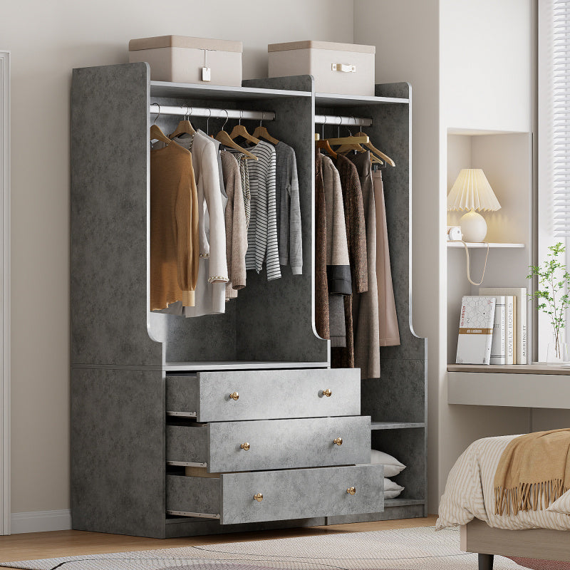 Modern Gray Wooden Wardrobe Organizer with Dual Hanging Rods, 5 Versatile Shelves & 3 Spacious Drawers – Stylish Bedroom Storage Solution for Clothes & Accessories