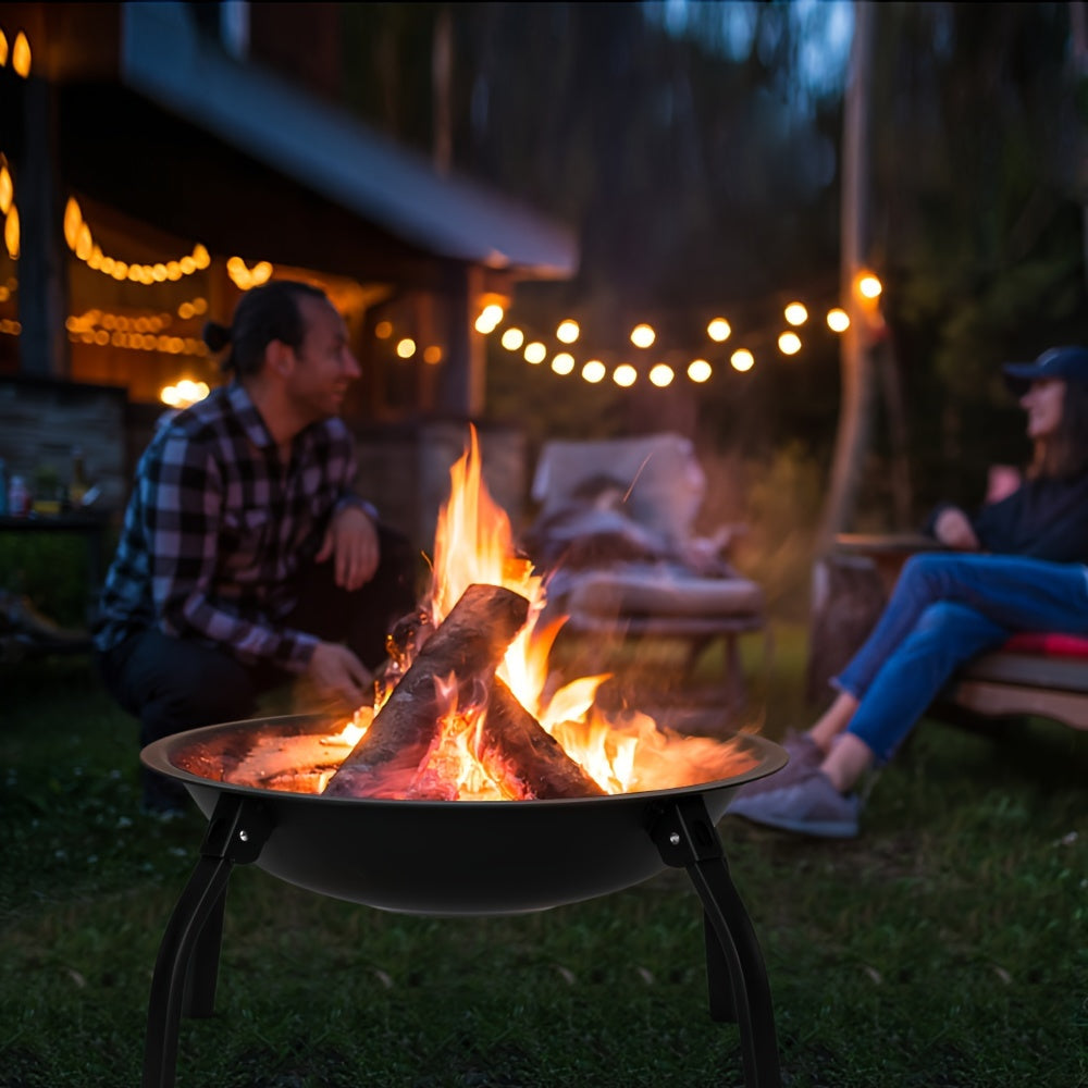 Curved Iron 22-Inch 4-Leg Fire Pit - Wood-Burning Fireplace With Lid - Perfect For Patios, Pool Sides, Family Gatherings, Outdoor Camping, And Holiday Decor