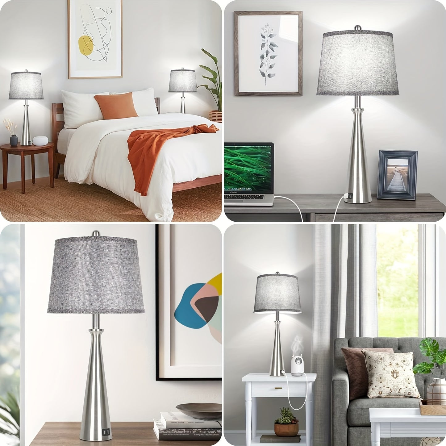 Set Of 2 Table Lamps With 2 USB Charging Ports, Bedside Lamp With Grey Shade, 26.4 Inch Tall Nickel Nightstand Lamp With Rotary Switch, Desk Lamp With E26 Edison Socket For Living Room Bedroom Office