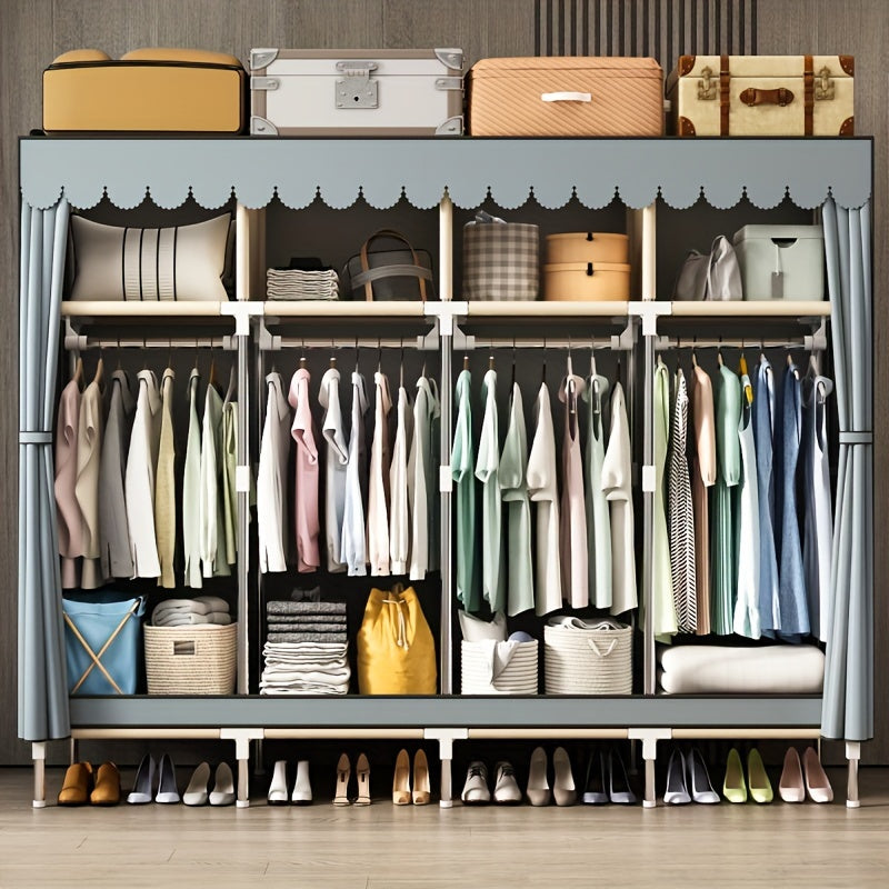 Sturdy Clothes Storage Wardrobe with Steel Frame – Easy Assembly, Durable Design for Home & Rental Use, Spacious Bedroom Organizer with Hanging Rods & Shelves, Perfect for Shirts, Dresses, and Accessories, Portable Closets