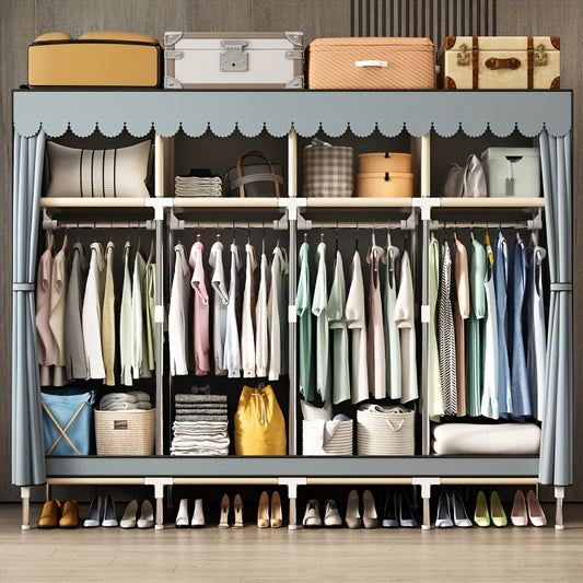 Sturdy Clothes Storage Wardrobe with Steel Frame – Easy Assembly, Durable Design for Home & Rental Use, Spacious Bedroom Organizer with Hanging Rods & Shelves, Perfect for Shirts, Dresses, and Accessories, Portable Closets