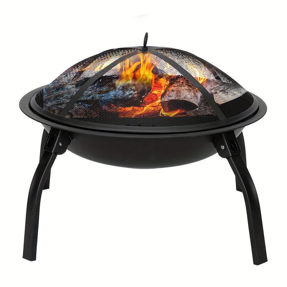 Curved Iron 22-Inch 4-Leg Fire Pit - Wood-Burning Fireplace With Lid - Perfect For Patios, Pool Sides, Family Gatherings, Outdoor Camping, And Holiday Decor