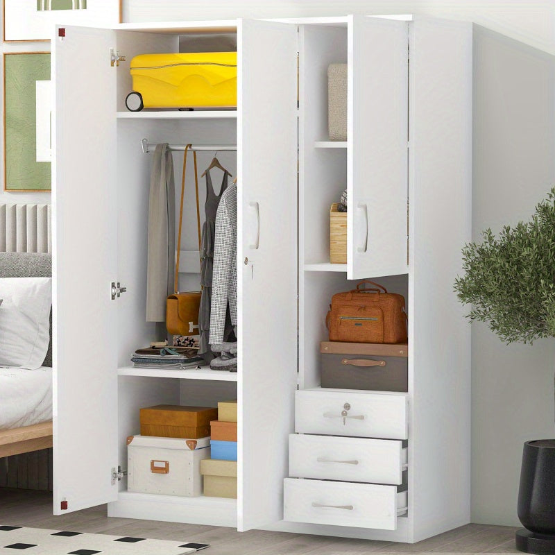 Modern White 2-Door Wooden Wardrobe with Shees, 3 Drawers & Open Compartments – Stylish Bedroom Storage Solution for Clothes, Shoes & Accessories, Shoe Storage Wardrobe | Functional Storage | Engineered Wood Wardrobe