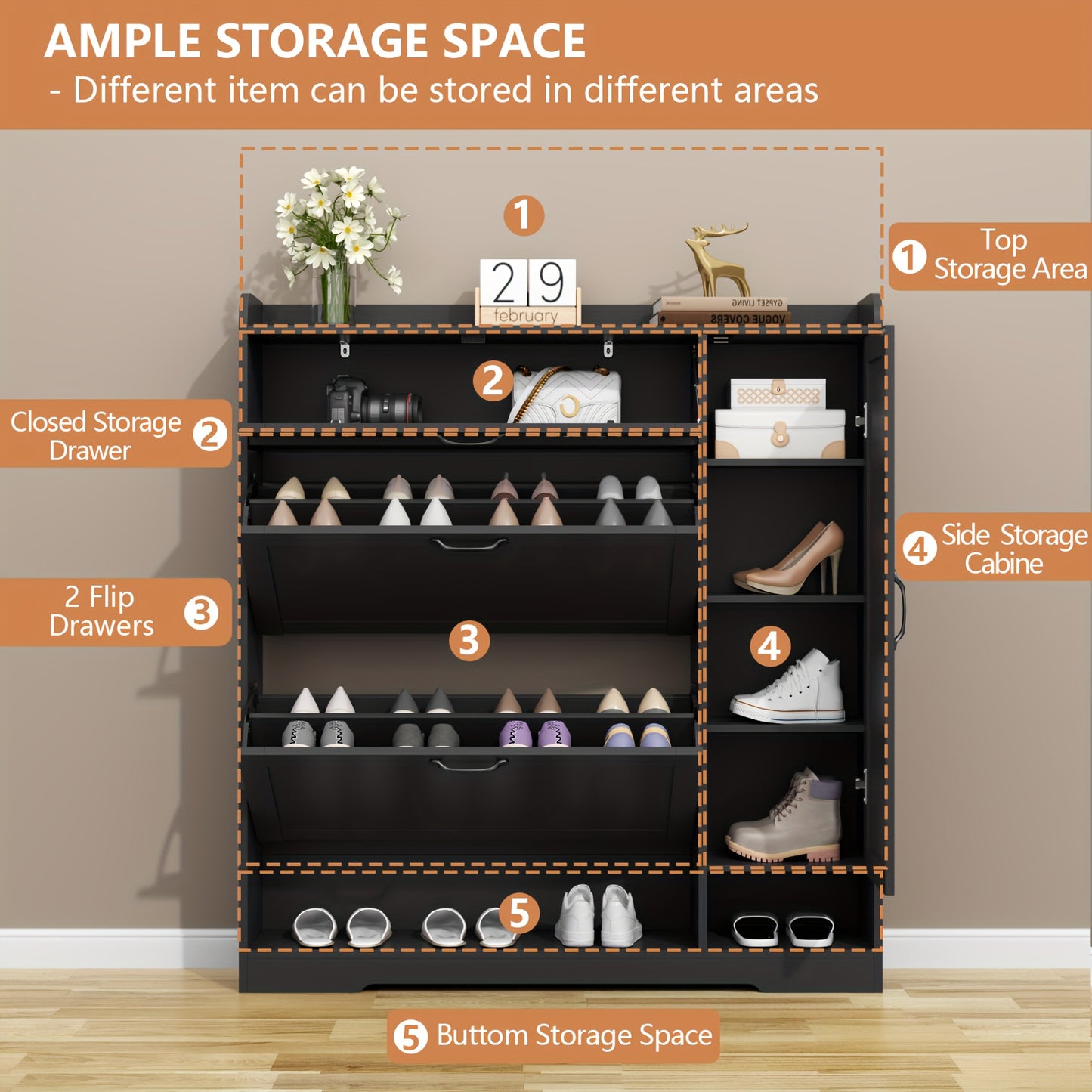 Shoe Cabinet With 2 Flip Drawers & Side Cabinet, Shoes Rack Cabinet With Adjustable Shelves, Freestanding Organizer With Storage Drawer & Mounted Shoe Rack For Entryway, Hallway, Shoe Organizer Cabinet