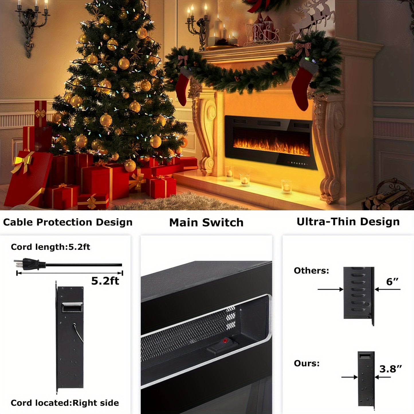 1500W Ultra-Thin Electric Fireplace Vitesse Ultra-Thin Electric Fireplace - Sleek Black, In-Wall Recessed Heater with Vibrant Multicolor Flame Effect, Timer, Low Noise, 1500W, Touch Screen & Remote Control for Cozy Home Ambiance