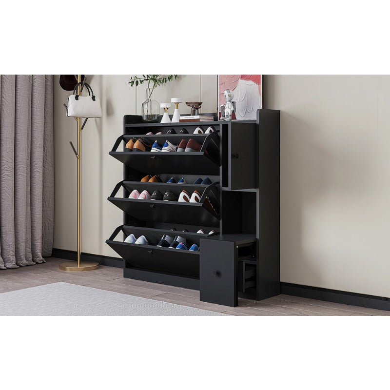 3-Drawer Shoe Cabinet with Pull-Down Seat - Freestanding Entryway Organizer, Durable Plastic Storage for Hallway, Black Modern Design, Shoe Storage Organizer