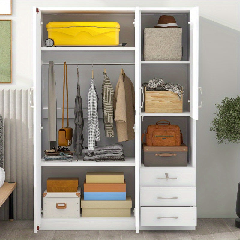 Modern White 2-Door Wooden Wardrobe with Shees, 3 Drawers & Open Compartments – Stylish Bedroom Storage Solution for Clothes, Shoes & Accessories, Shoe Storage Wardrobe | Functional Storage | Engineered Wood Wardrobe