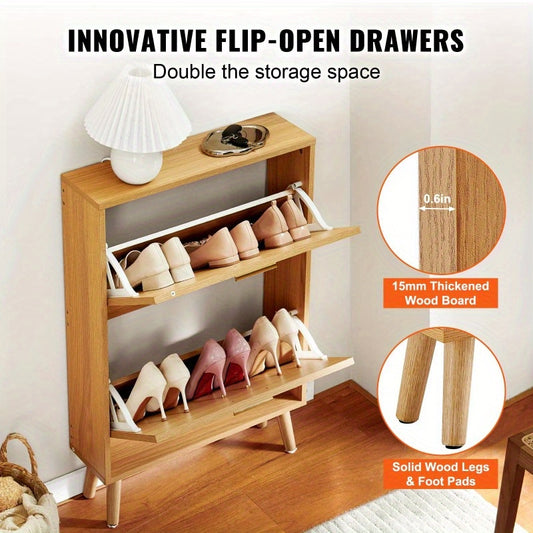 VEVOR Shoe Cabinet with 2 Flip Drawers Shoe Storage Cabinet for Entryway Free Standing Shoe Storage Organizer with Rattan Doors for Heels Boots Slippers in Hallway Living Room