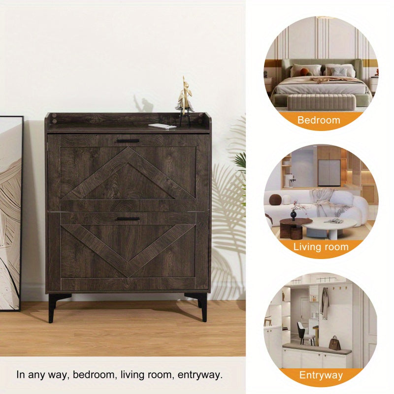 Modern Entryway Shoe Storage Cabinet with 2 Flip Drawers and Open Shelves Slim Narrow Hidden Shoe Rack for Heels Boots Slippers Durable Wood Freestanding Organizer for Entrance Brown