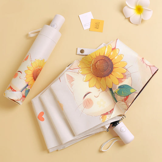 1pc Sunflower Cat Automatic Umbrella, UPF 50+ UV Protection, Casual Cute Personality Style, 8 Ribs Glass Fiber, Foldable, Iron Shaft, Plastic Handle, Pongee Cloth, Dual-Use for Sunny and Rainy Weather
