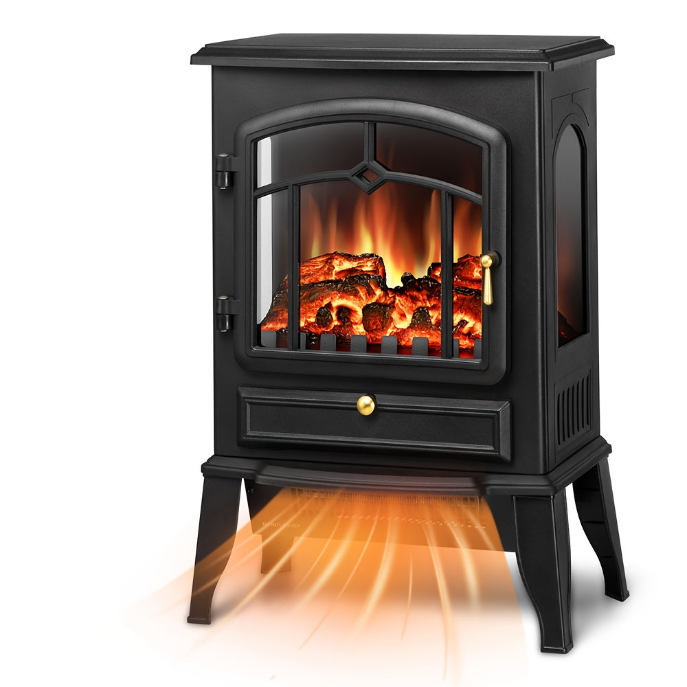 1000\u002F1500W Freestanding Electric Fireplace Stove - Realistic Flame, Overheating Safety Device, Thermostat, Adjustable Flame Brightness
