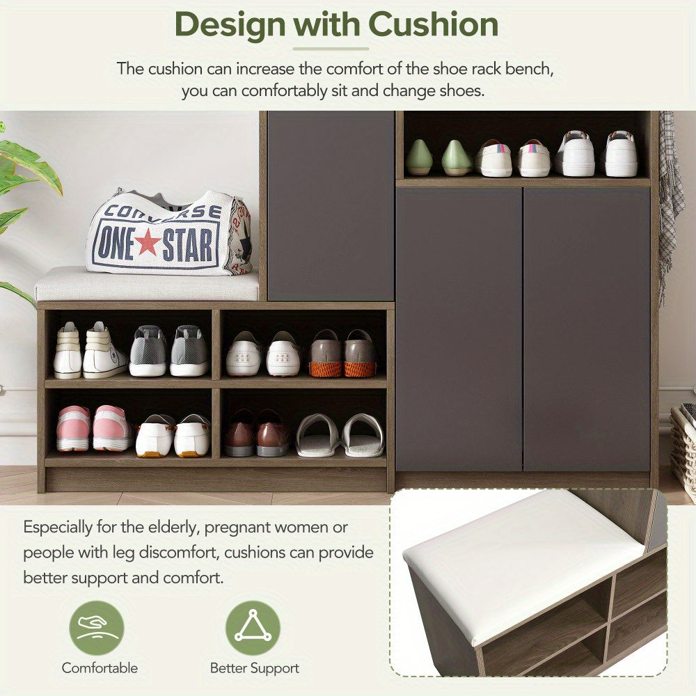 White ON-TREND 2-in-1 Shoe Storage Bench and Shoe Cabinet Multifunctional Shoe Rack with Padded Seat Versatile Shoe Storage Solution with Adjustable Hallway Shelves