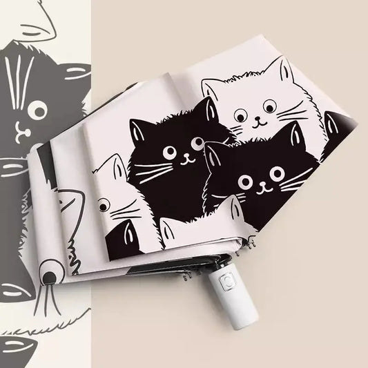 A cartoon black and white cat automatic umbrella, rain or shine umbrella, protection umbrella