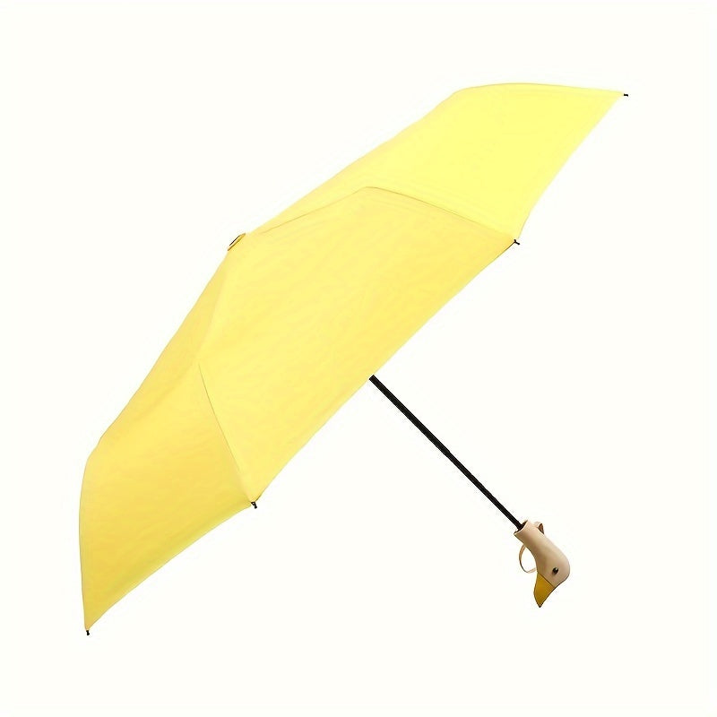Casual Cute Duckbill Design Triple-Fold Umbrella - Manual Open, 8 Ribs, Pongee Fabric, Wooden Handle, Iron Alloy Shaft and Ribs - Portable Fashion Accessory for Rainy Weather