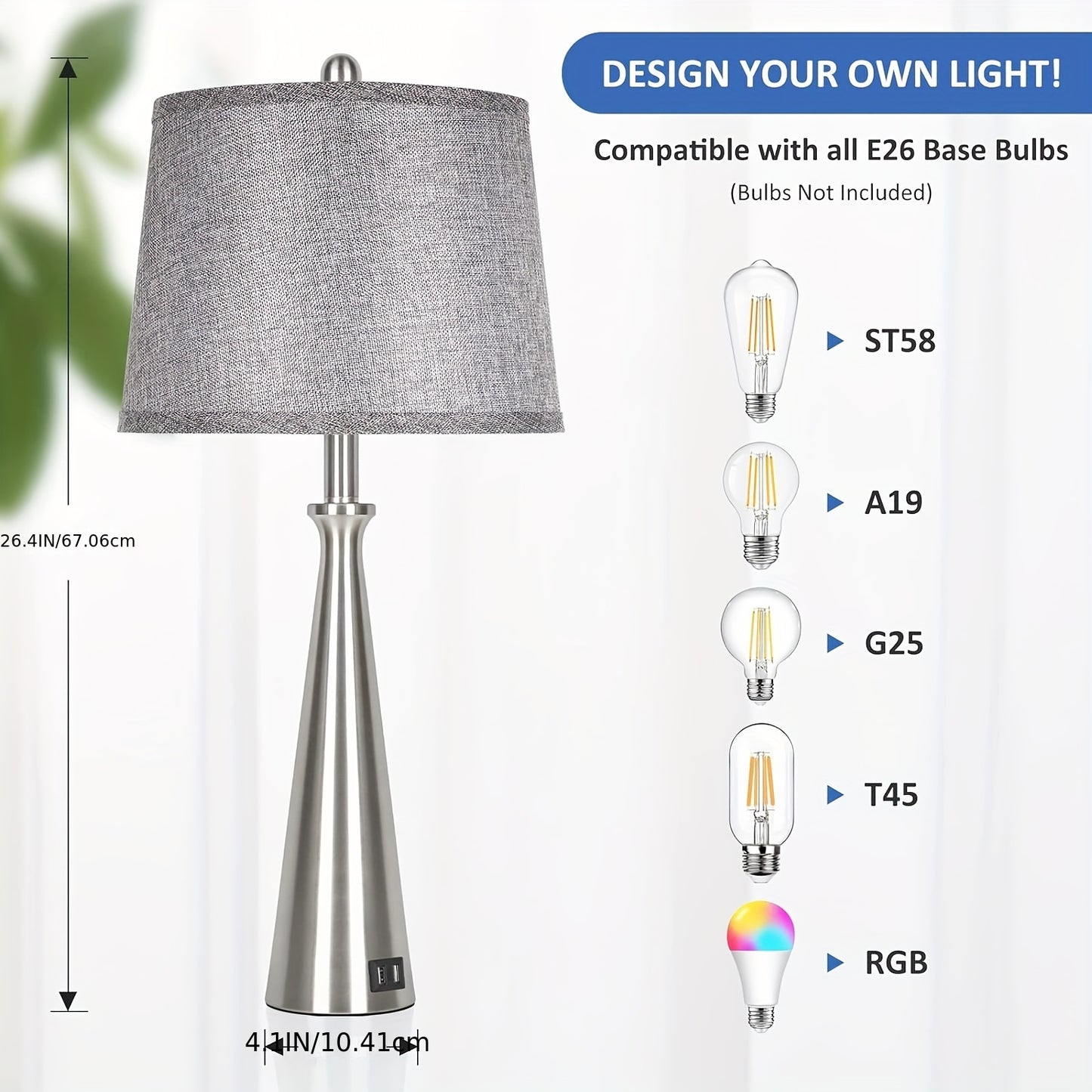 Set Of 2 Table Lamps With 2 USB Charging Ports, Bedside Lamp With Grey Shade, 26.4 Inch Tall Nickel Nightstand Lamp With Rotary Switch, Desk Lamp With E26 Edison Socket For Living Room Bedroom Office