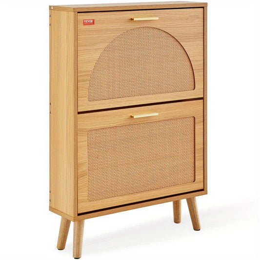 VEVOR Shoe Cabinet with 2 Flip Drawers Shoe Storage Cabinet for Entryway Free Standing Shoe Storage Organizer with Rattan Doors for Heels Boots Slippers in Hallway Living Room