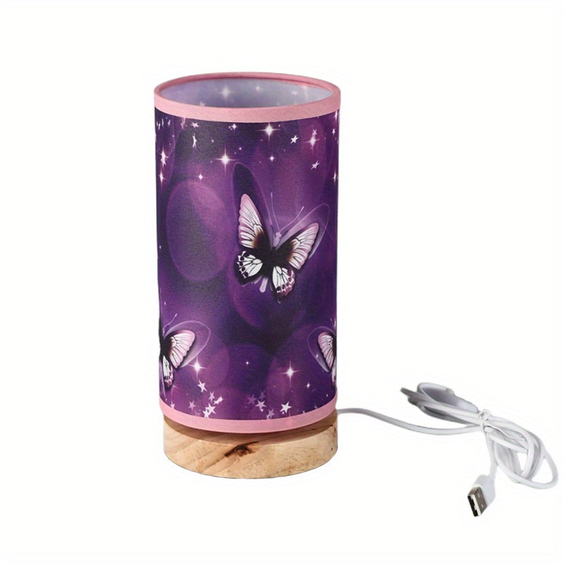 1pc Wood Base Purple Butterfly Table Lamp - Perfect Bedside Night Light and Room Decoration