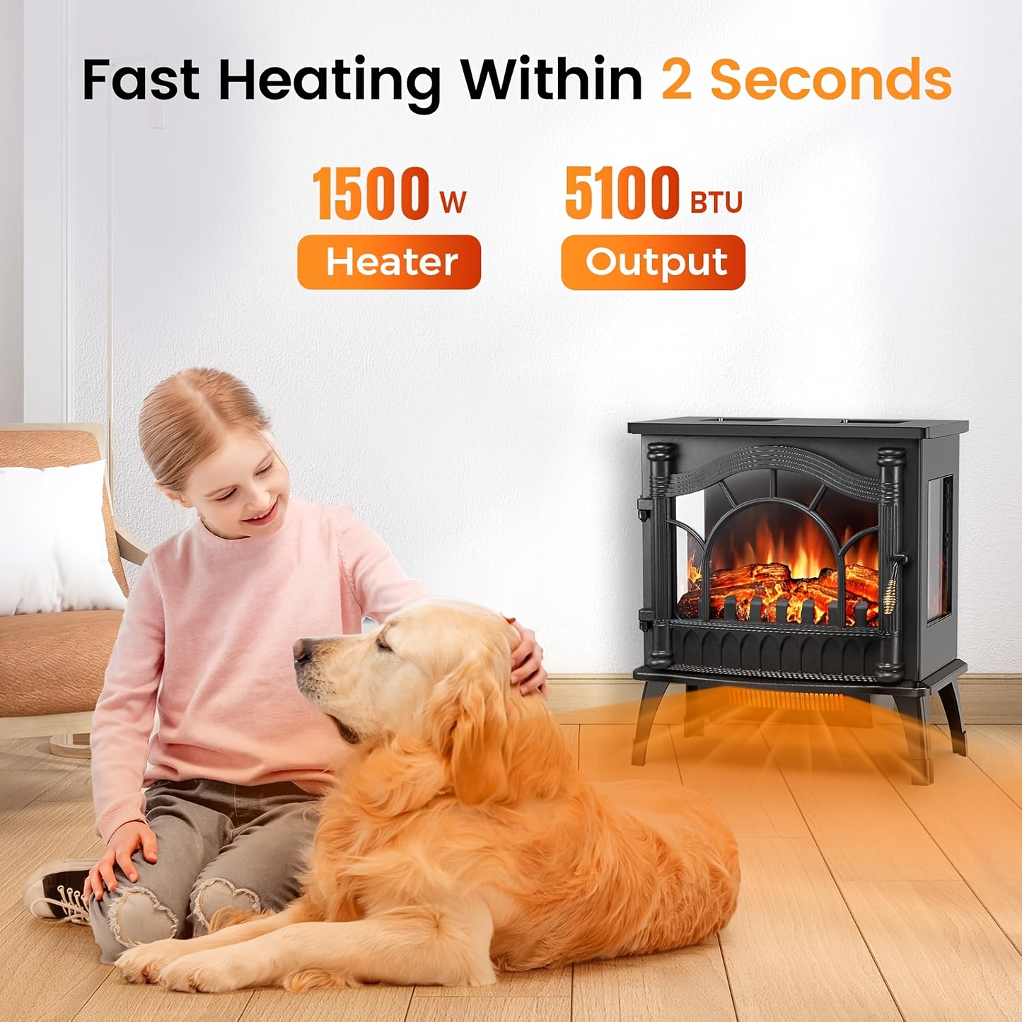 1000\u002F1500W Freestanding Electric Fireplace Stove - Realistic Flame, Overheating Safety Device, Thermostat, Adjustable Flame Brightness