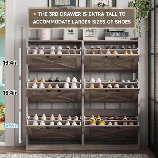 VABCHES Freestanding Shoe Storage Cabinet, 6 Flip Drawers, Wooden Shoe Organizer with Metal Handles, Narrow Entryway Rack, Washed Gray, Floor Mount, No Electricity Needed, Shoe Storage Organizer