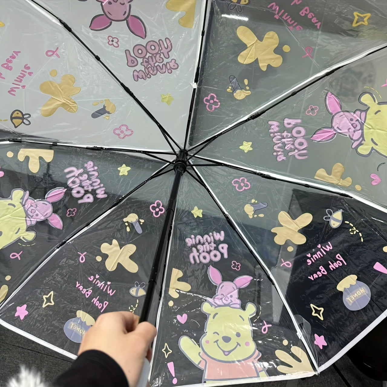 1pc Disney Winnie The Pooh Transparent Folding Umbrella, Automatic Handheld Outdoor Accessory for Camping, Hiking, Travel - Perfect for Birthday, Party Gifts