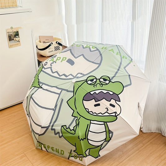 Stylish & Compact UV Protection Folding Umbrella - Cartoon Dinosaur Design, Sun & Rainproof, Manual Open, 8-Rib Durability, 190T Impact Cloth, Plastic Handle - Perfect for Students & Outdoor Activities
