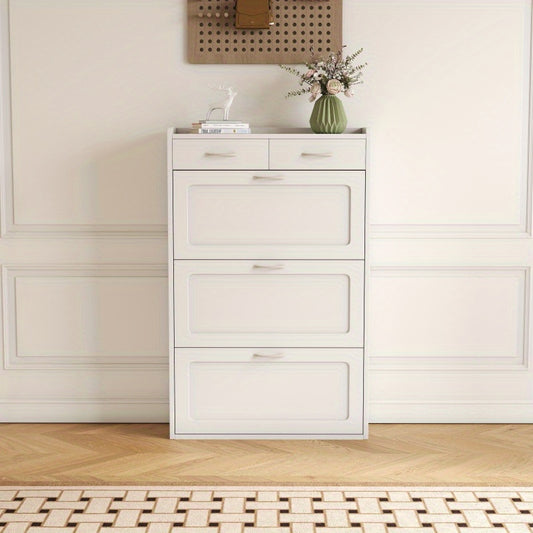 31.49 Inches of White Solid Wood Shoe Cabinet Three-Layer Flip Bucket Shoe Storage Cabinet Simple And Generous for a Variety of Home Style White Solid Wood Shoe Cabinet