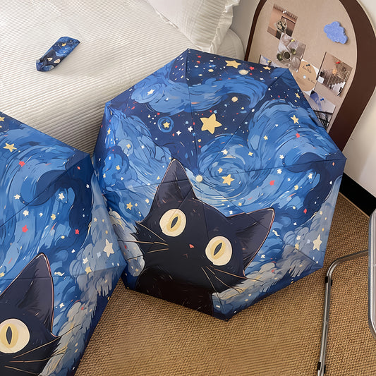 Adorable Cartoon Kitten Print Folding Umbrella, Colorful Starry Sky Vinyl Raincoat, Sun Protection and UV Outdoor Travel Umbrella, Suitable for Men and Women, Lightweight and Portable