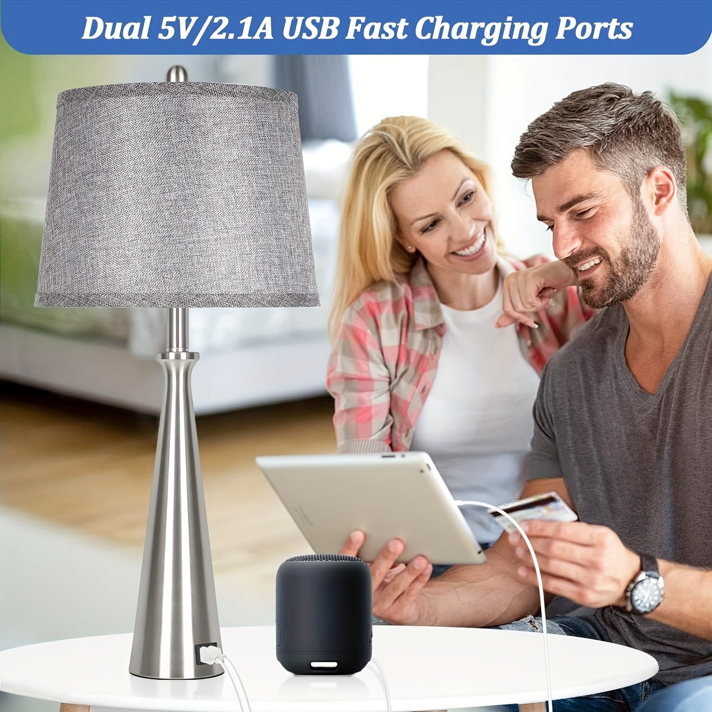 Set Of 2 Table Lamps With 2 USB Charging Ports, Bedside Lamp With Grey Shade, 26.4 Inch Tall Nickel Nightstand Lamp With Rotary Switch, Desk Lamp With E26 Edison Socket For Living Room Bedroom Office