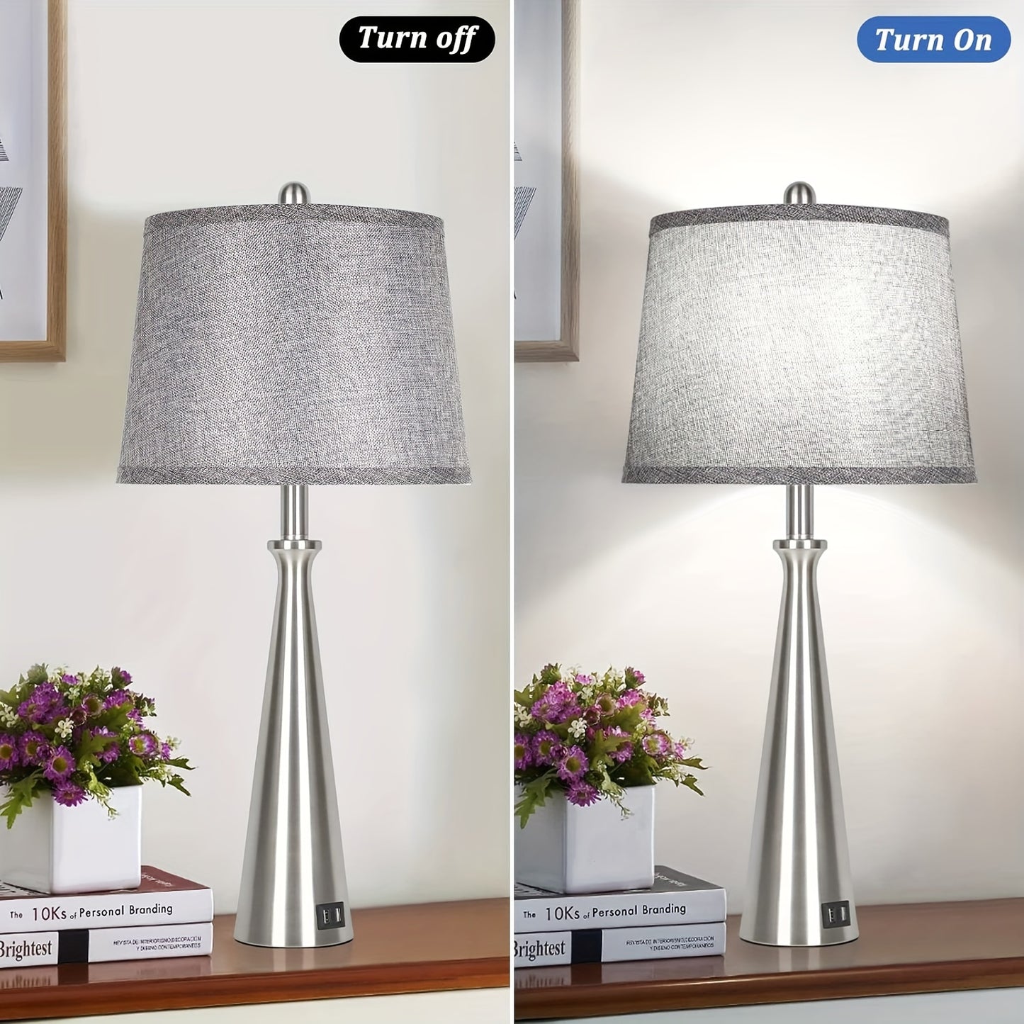 Set Of 2 Table Lamps With 2 USB Charging Ports, Bedside Lamp With Grey Shade, 26.4 Inch Tall Nickel Nightstand Lamp With Rotary Switch, Desk Lamp With E26 Edison Socket For Living Room Bedroom Office
