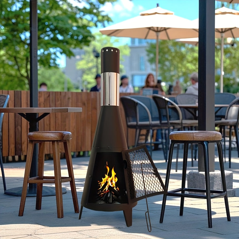 Elegant Black Steel Outdoor Fireplace with Realistic Flame Effect - Portable, Easy-to-Install Charcoal Grill for Patio, Garden & Beach Bonfires, Includes Accessories