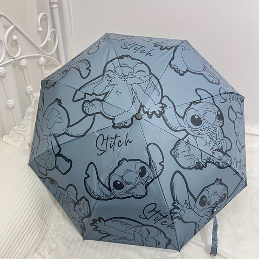 A Cartoon Folding Travel Umbrella That Is Waterproof And Windproof, in Light Blue, Featuring Playful Stitching Design, Perfect for School, Shopping, Outdoor Adventures, And Birthdays.