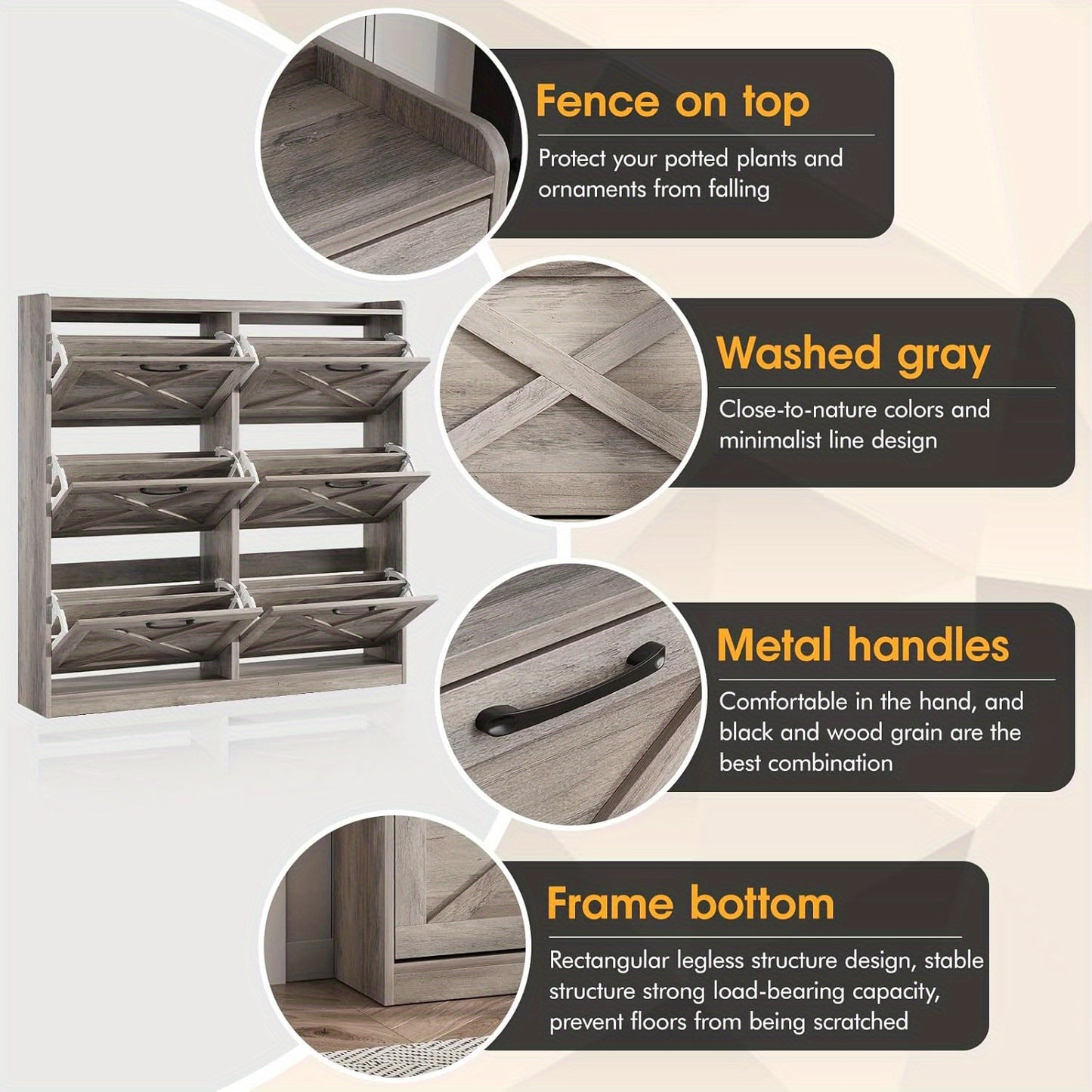 VABCHES Freestanding Shoe Storage Cabinet, 6 Flip Drawers, Wooden Shoe Organizer with Metal Handles, Narrow Entryway Rack, Washed Gray, Floor Mount, No Electricity Needed, Shoe Storage Organizer