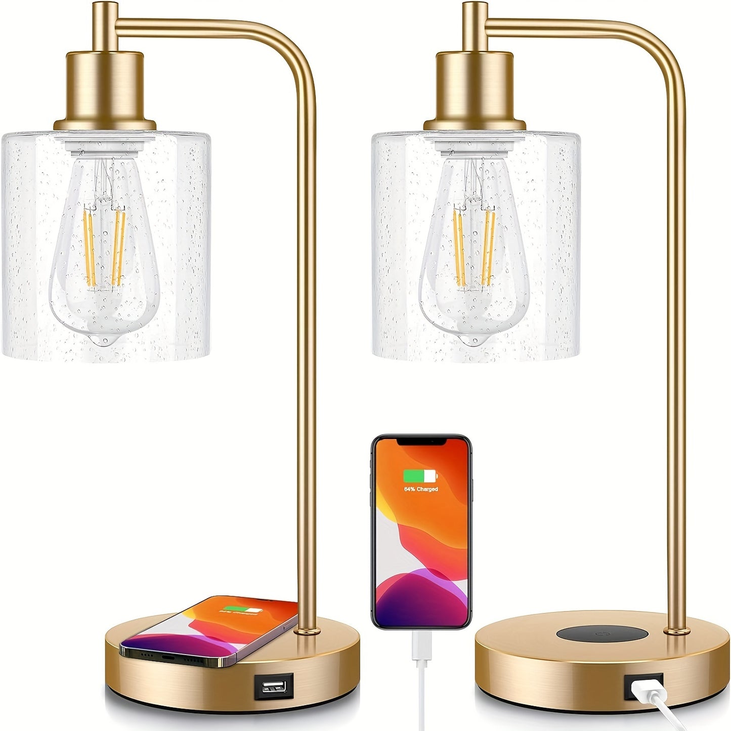 Bosceos Set Of 2 Charging Industrial Table Lamps 3-Way Touch Control Dimmable Desk Lamp with USB Ports Bedside Lamp with Hanging Seeded Glass Shade for Office Bedroom Living Room, Bulbs Included