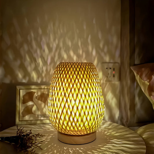 1pc Handmade Bamboo Woven Natural Wood Base LED Bedside Lamp, Bedroom Eye-Care Night Light, Reading Vintage Table Lamp, Home Decor Ornament, USB Powered, Three-Color Dimmable, Lighting And Decor Accessory