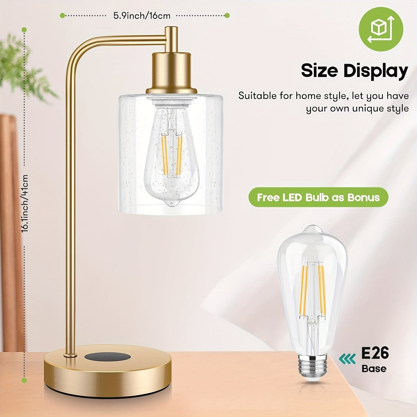 Bosceos Set Of 2 Charging Industrial Table Lamps 3-Way Touch Control Dimmable Desk Lamp with USB Ports Bedside Lamp with Hanging Seeded Glass Shade for Office Bedroom Living Room, Bulbs Included