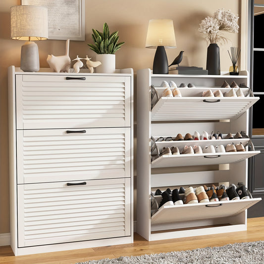 Shoe Storage Cabinet with 3 Flip Drawers, Entrance Passage with Metal Legs, Independent Organizer, Narrow Shoe Rack, White