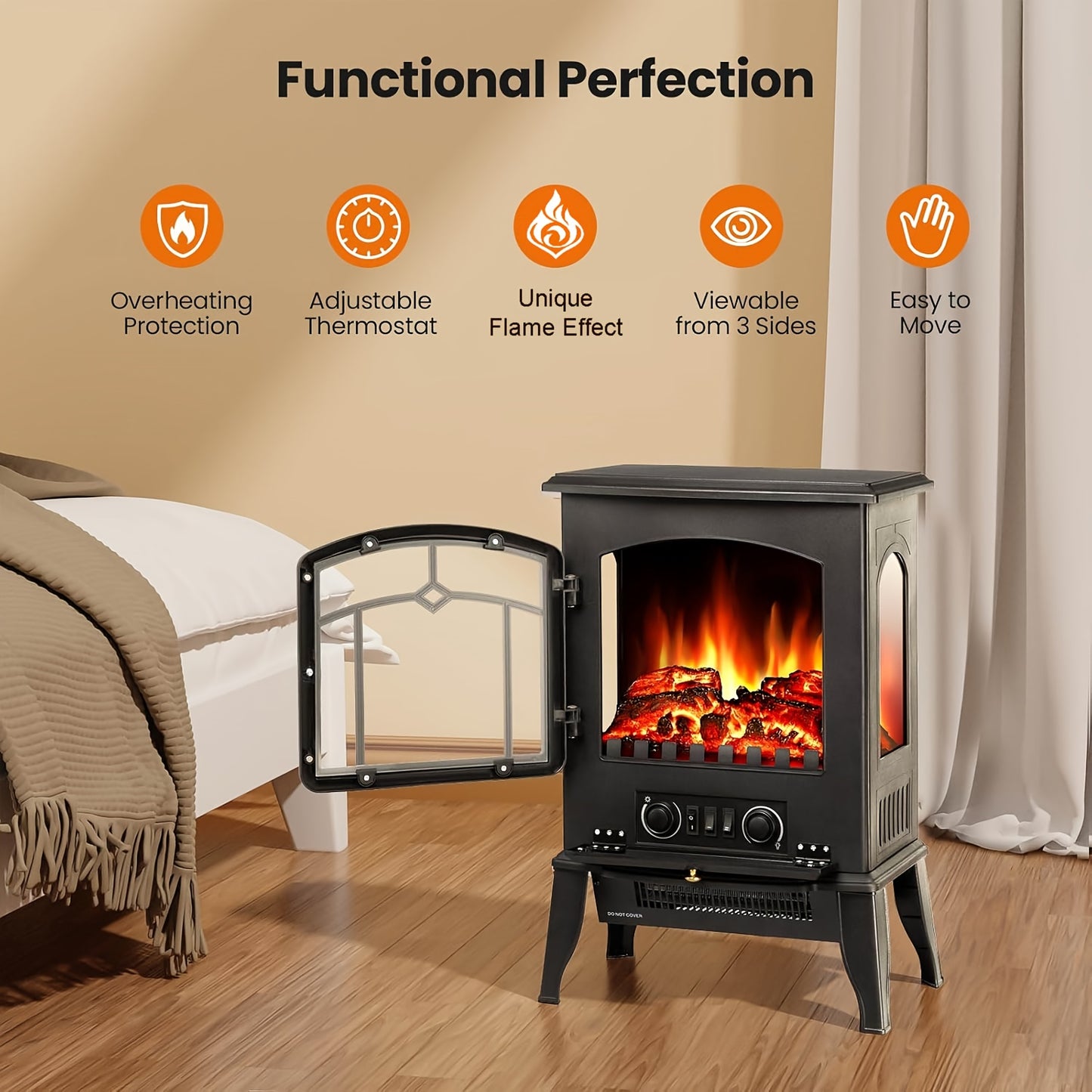 3D Infrared Fireplace 1500W 3D Infrared Electric Fireplace Stove, 26-inch Classic Freestanding Fireplace Heater, Thermostat, Overheating Protection, for Indoor Use