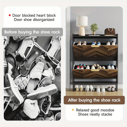 Shoe Cabinet with 2 Flip Drawers Shoe Storage Cabinet for Entryway Hidden Shoe Storage Slim Storage Cabinet with Metal Legs, Farmhouse Free Standing Shoe Rack Cabinet 2-Drawers, Dark Brown