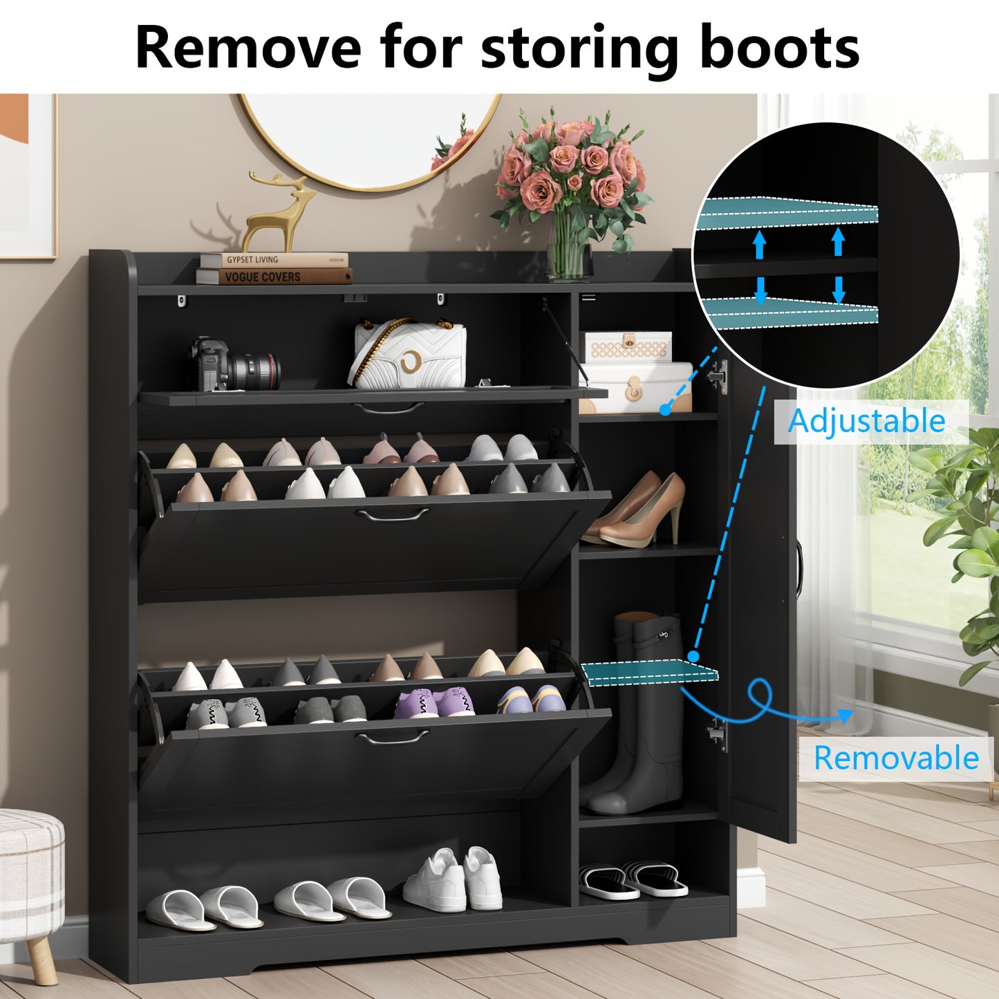 Shoe Cabinet With 2 Flip Drawers & Side Cabinet, Shoes Rack Cabinet With Adjustable Shelves, Freestanding Organizer With Storage Drawer & Mounted Shoe Rack For Entryway, Hallway, Shoe Organizer Cabinet