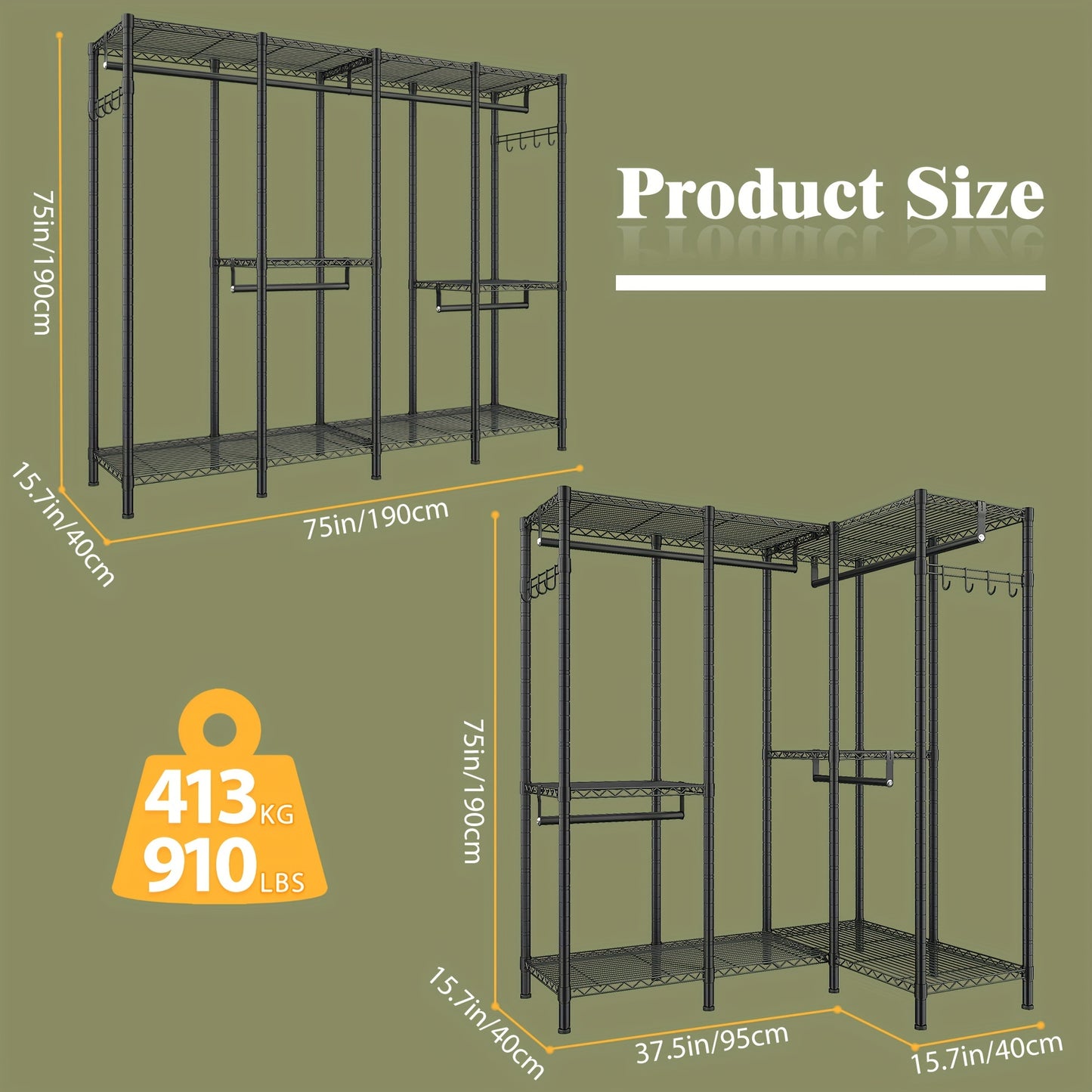 Heavy Duty Metal Rack Heavy Duty 910LBS Metal Clothes Rack - Freestanding Wardrobe Closet Rack - 75\