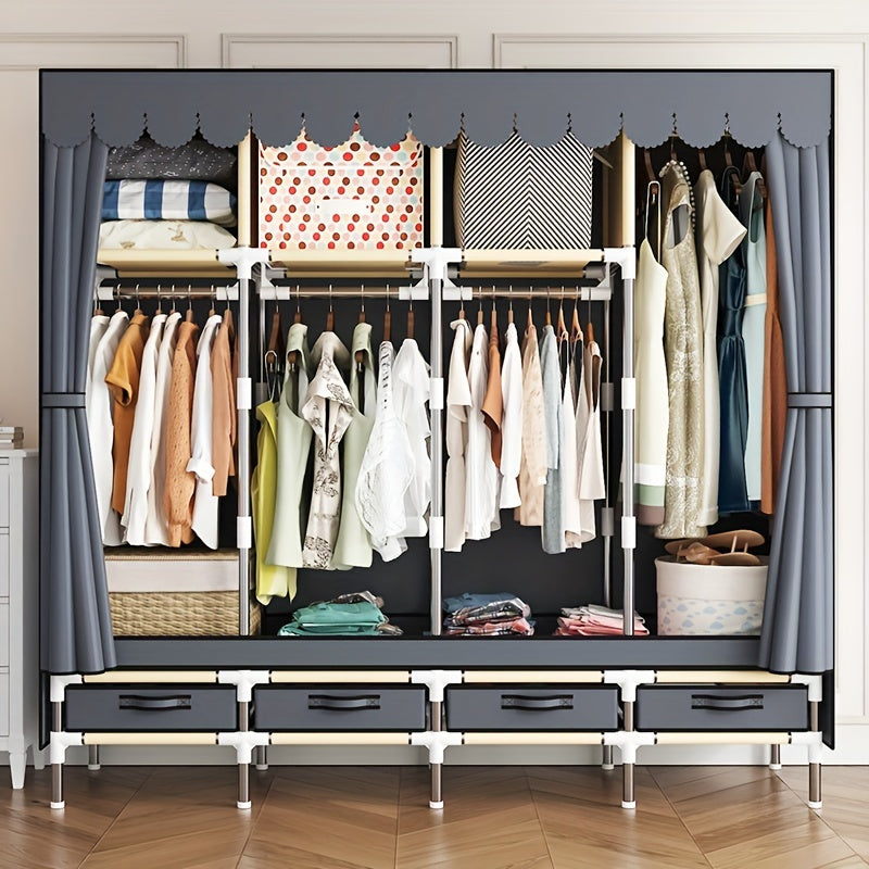 Easy Assembly Dust-Free Storage Closet 1pc Modern Metal Frame Freestanding Wardrobe Closet Organizer with Drawers, Space-Saving Design, Easy Assembly, Dust-Free Storage System, ≥3.2 Cubic Feet Enclosed Storage Capacity, ≥27 Inches Height