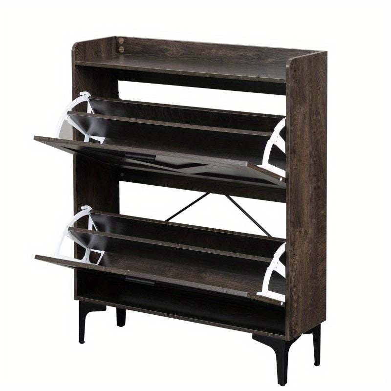 Modern Entryway Shoe Storage Cabinet with 2 Flip Drawers and Open Shelves Slim Narrow Hidden Shoe Rack for Heels Boots Slippers Durable Wood Freestanding Organizer for Entrance Brown