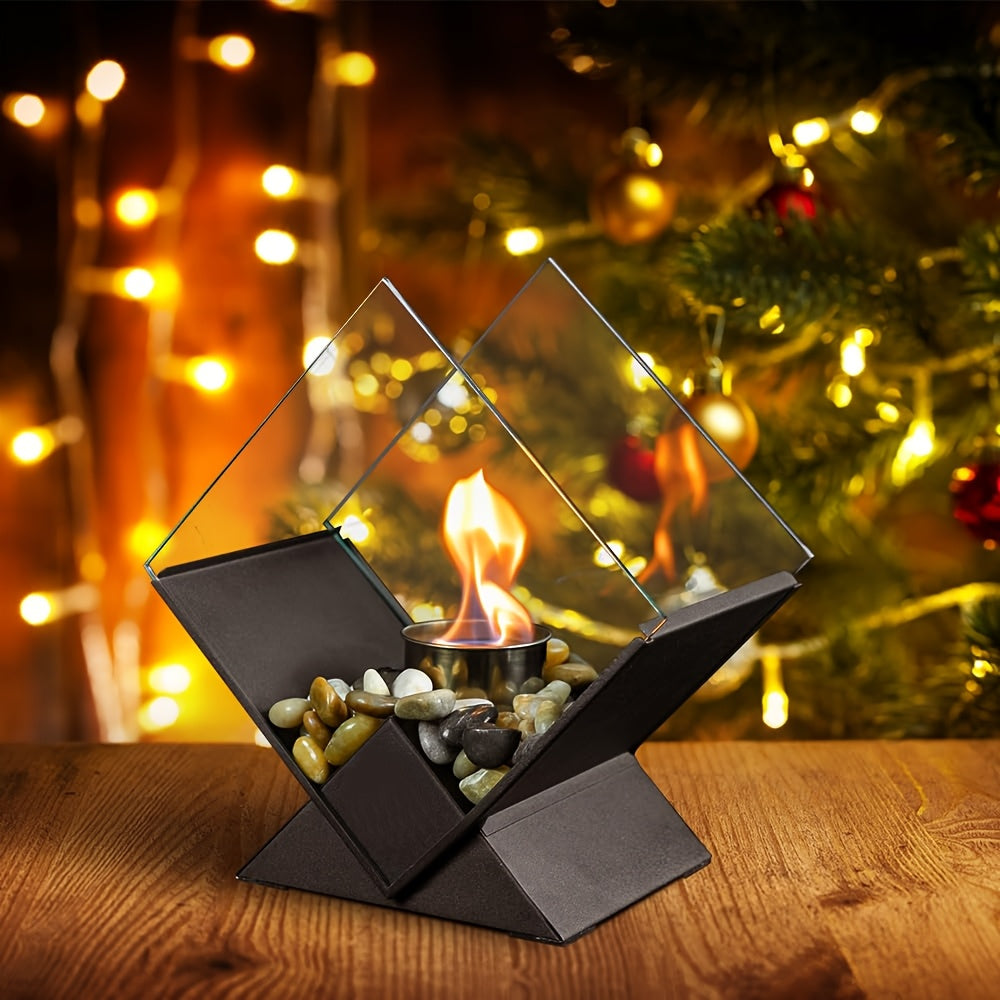 Odorless Clean-Burning Quadrilateral Tabletop Fire Pit - Clear Glass & Pebble Accents, Alcohol Fireplace for Cozy Christmas Ambiance