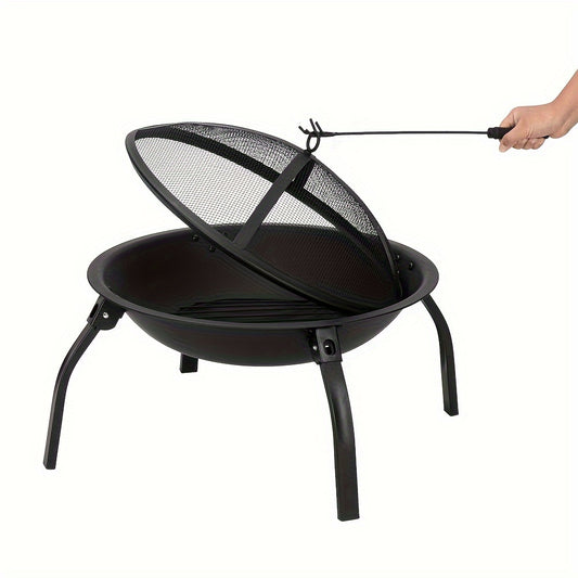 Curved Iron 22-Inch 4-Leg Fire Pit - Wood-Burning Fireplace With Lid - Perfect For Patios, Pool Sides, Family Gatherings, Outdoor Camping, And Holiday Decor