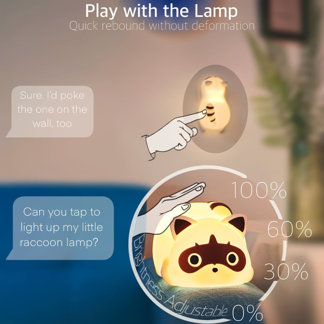 Cute Raccoon LED Night Light | Rechargeable, Dimmable, Touch-Controlled | Durable Plastic | Table Lamp | Bedroom Decor, Home | Adorable Animal Design | Cozy Ambient Lighting